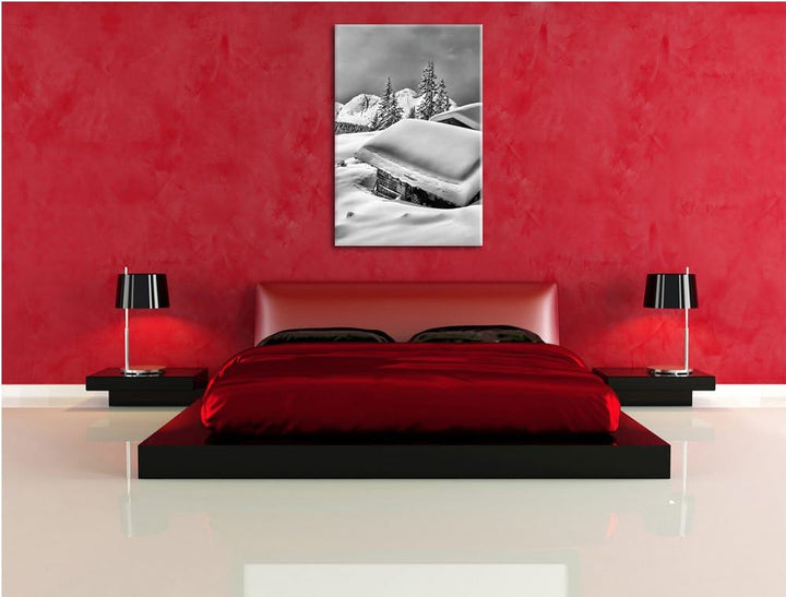 Pixxprint Berghütten Alpen / 100x70cm Leinwandbild bespannt auf Holzrahmen/Wandbild Kunstdruck Dekor