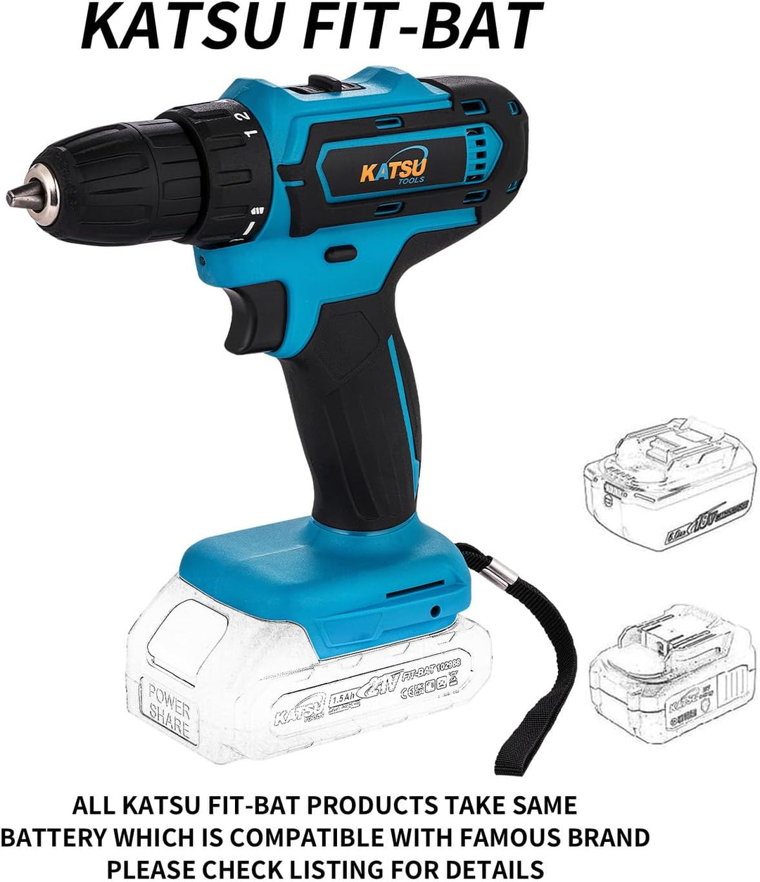 KATSU FIT-BAT 102623 Akku-Bohrschrauber, 21 V, 10 mm Schnellspannbohrfutter, 2 Gänge, LED-Licht, ide
