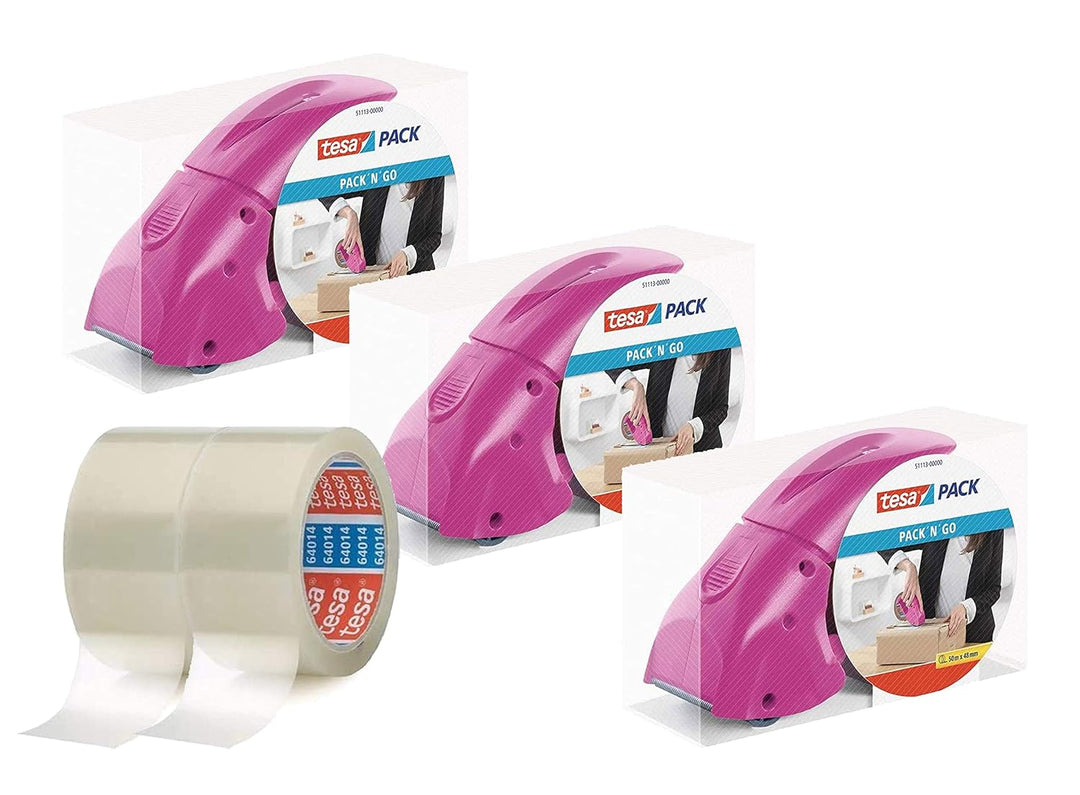 tesapack Abroller Pack' n' Go - Ergonomischer, pinker Handabroller für Paketbänder - Inklusive 50 m