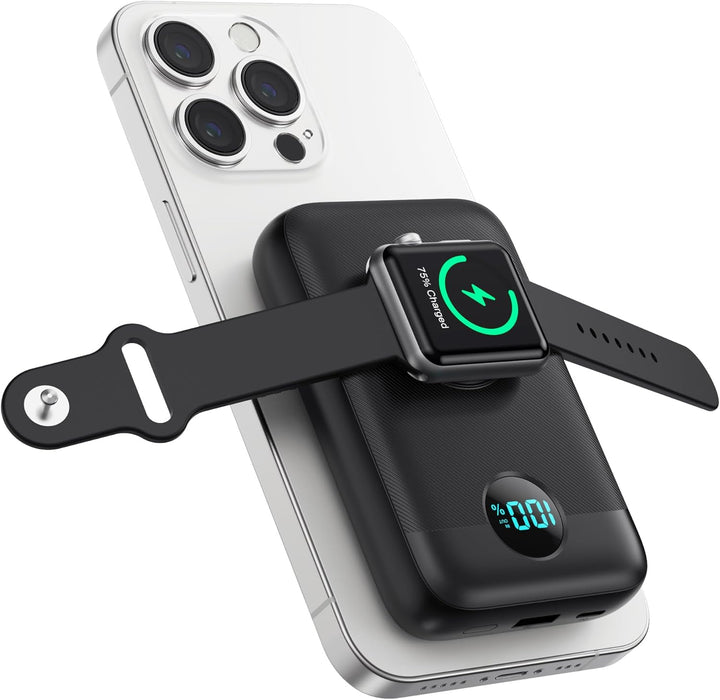 Magnetische Powerbank 10800mAh für MagSafe, 4-in-1 Wireless Power Bank mit i-Watch Ladegerät,QC4.0+P