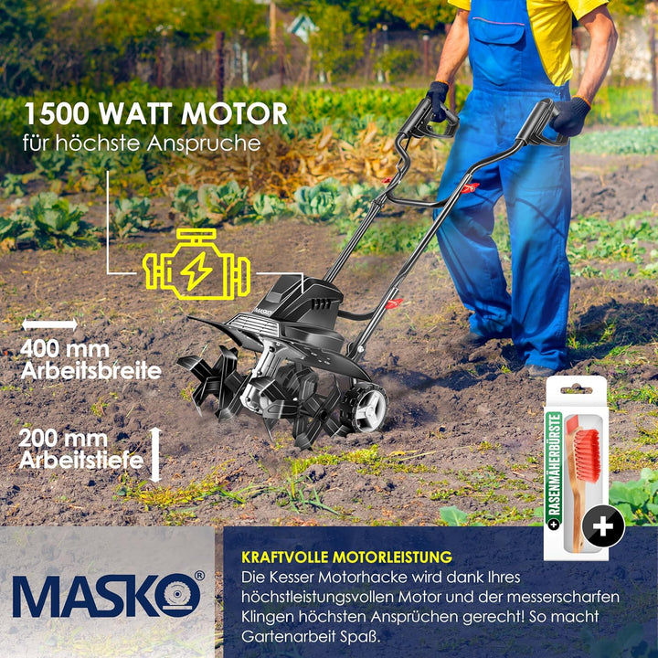 MASKO® elektrische Motorhacke 1500 Watt | 40cm Arbeitsbreite 20cm Arbeitstiefe | Bodenhacke | Ackerf