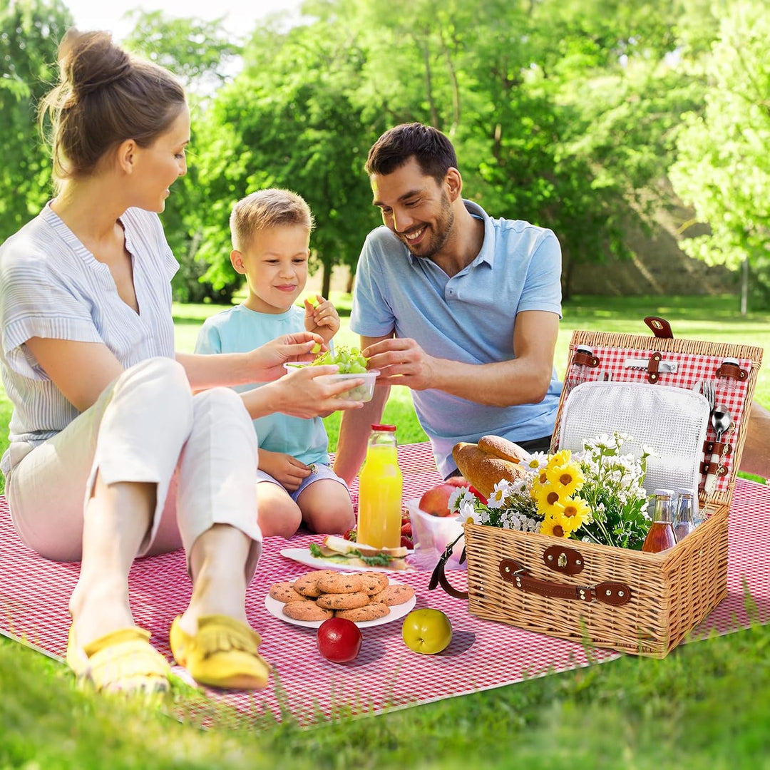 Picknickkorb für 4 Personen, handgeflochtener Korb mit eingebauter Isolierung und wasserdichter Deck