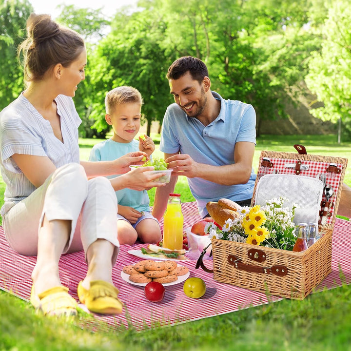 Picknickkorb für 4 Personen, handgeflochtener Korb mit eingebauter Isolierung und wasserdichter Deck