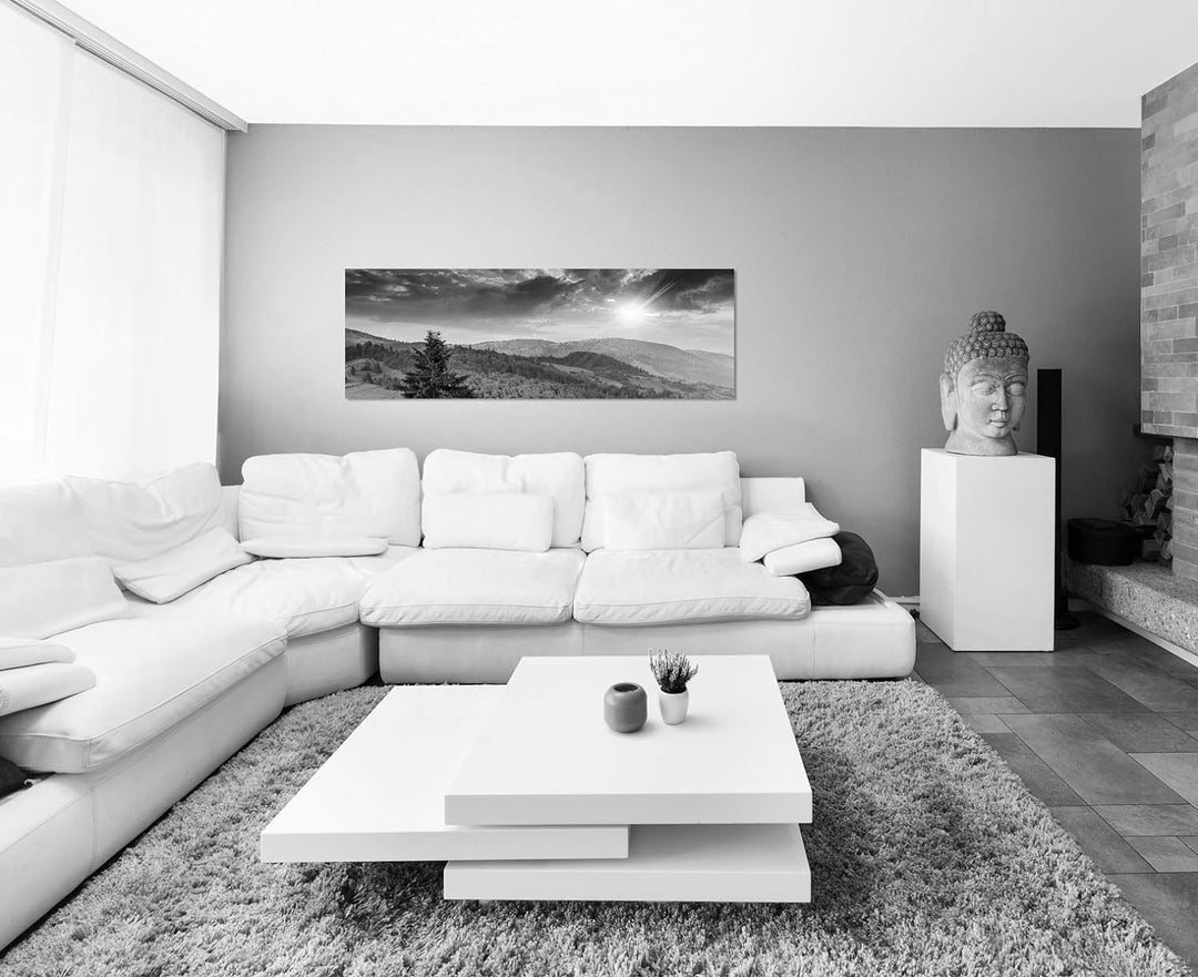 Paul Sinus Art Leinwandfoto als Panorama SCHWARZ/Weiss 150x50cm Berge Wald Wiesen Wolken Sonnenaufga