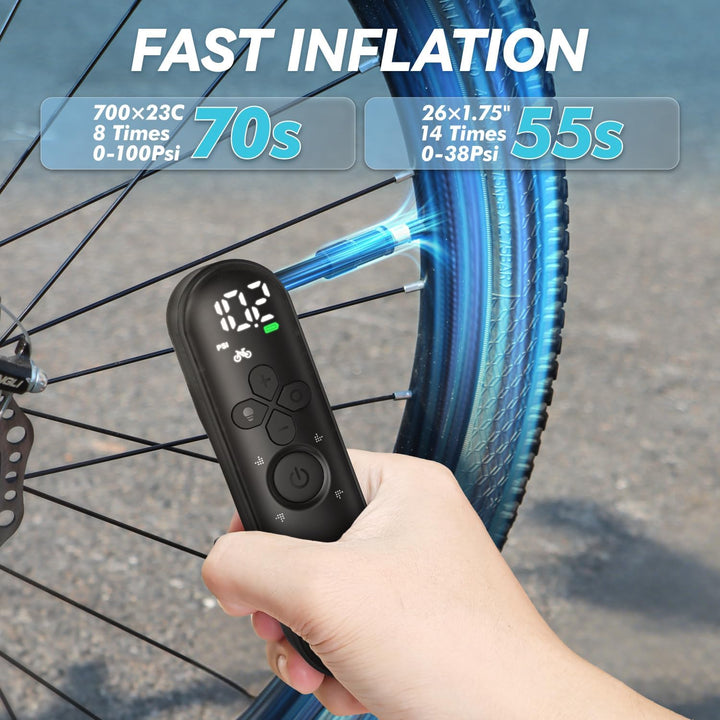 Fahrradpumpe Elektrisch, Fahrradzubehör 130 PSI Elektrische Minipumpe mit Manometer, Auto-Off und LE