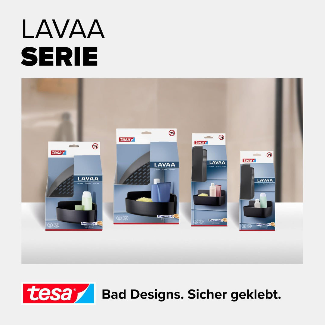 tesa Lavaa Eck-Duschkorb S, schwarz matt - Duschablage zur Wandmontage ohne Bohren, inkl. tesa Power
