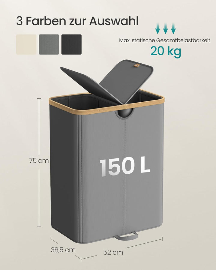 SONGMICS Wäschekorb 2 Fächer, Wäschesammler, 150 Liter, Wäschesortierer mit Deckel, Wäschetonne, Wäs