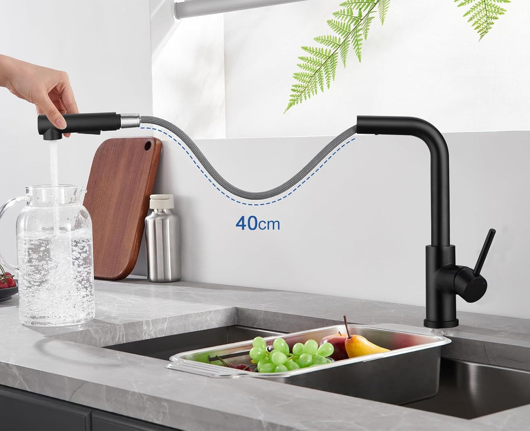 WOOHSE Küchenarmatur mit Brause Ausziehbar, Hochdruck Wasserhahn Küche Schwarz 360° Drehung, Spültis