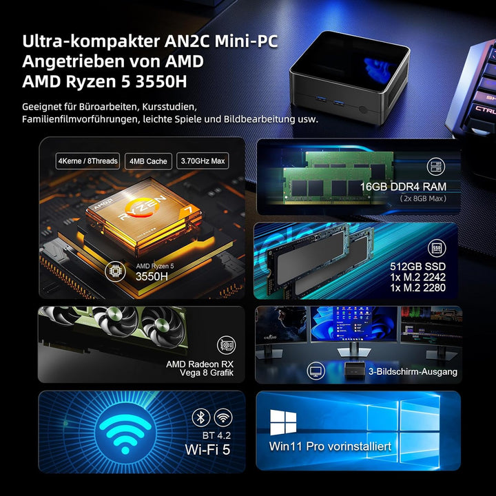 Mini-PC AMD Ryzen 5 3550H (4C/8T 3,7 GHz Max) 16 GB DDR4 RAM 512 GB SSD, 3X 4K-Display Mini-Computer