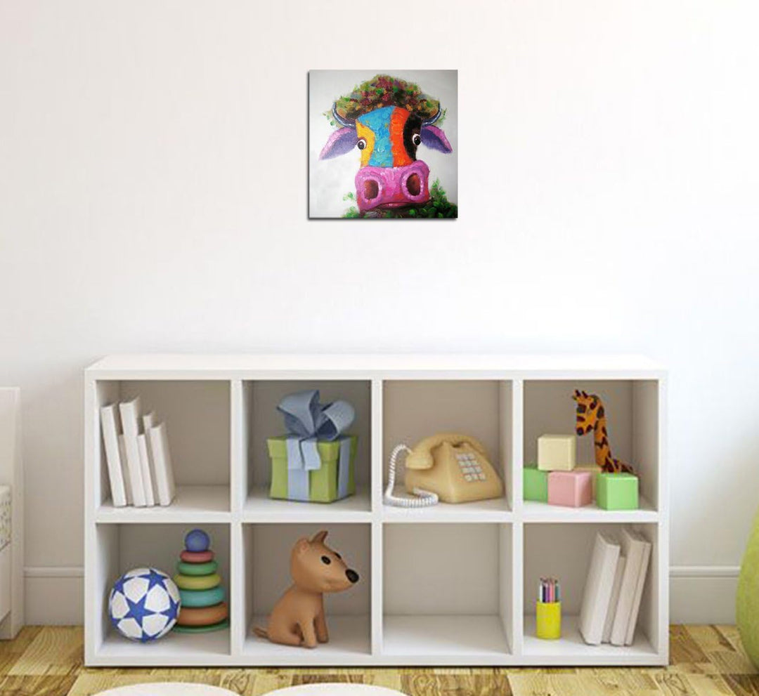 Fokenzary Hand bemalt Malerei Leinwand kleine Stier bunte Pop-Art-Wand-Dekor gerahmt bereit zum Aufh