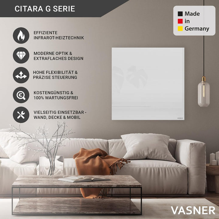 VASNER Citara G – Glas Infrarotheizung 300-900 W, Made in Germany, rahmenlose Elektroheizung Wandmon