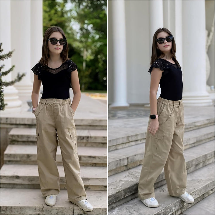 Rolanko Mädchen Cargohose, Baumwoll Baggy Hose mit Elastischer Taille und Mehreren Taschen für Kinde