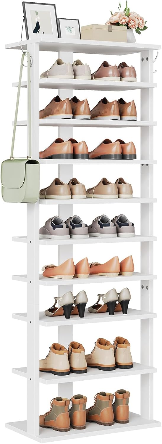 HOOBRO 10-lagiges Schuhregal, schmales Schuhablage, 50 cm Schuhschrank mit 2 Haken, Ablagegestelle,
