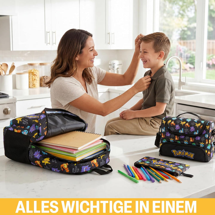 Get Trend Pokemon Rucksack Kinder 3er Set, Kinderrucksack mit Federmäppchen und Isolierte Lunchtasch