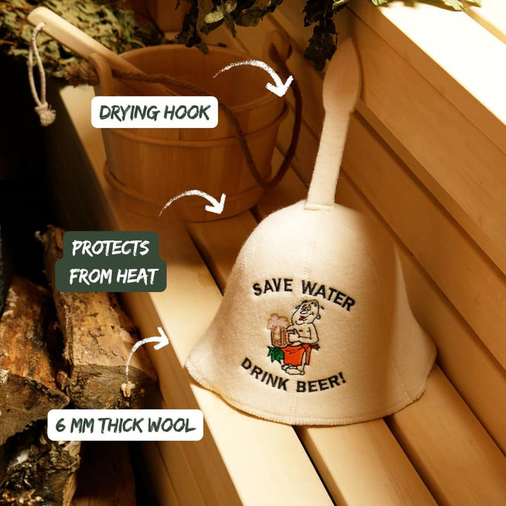 Natural Textile Saunahut 'Drink Beer' White - 100% organische Wollfilzmützen - Schützen Sie Ihren Ko