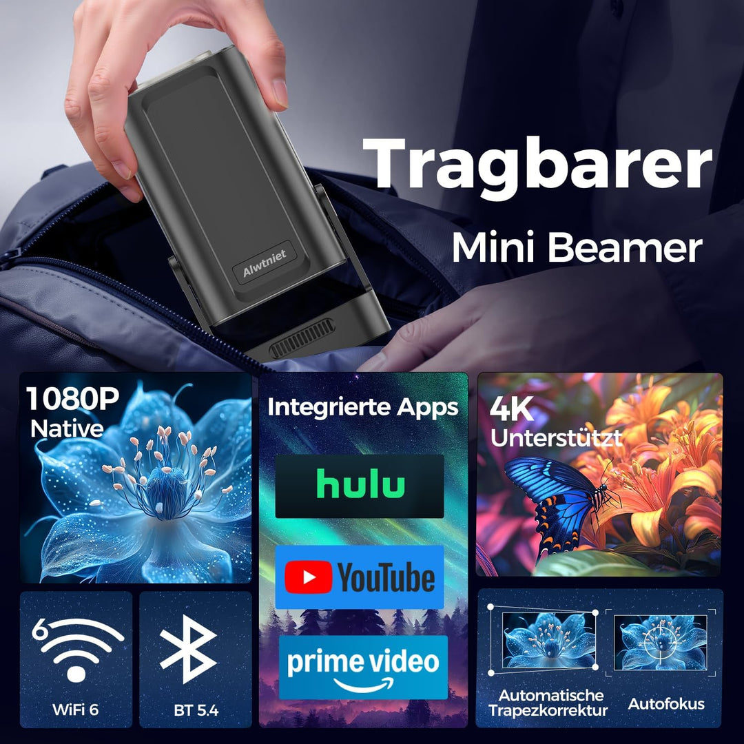 Alwtniet HY310 Mini Beamer 4K Unterstützt, 1080P Mini Projektor mit Autofokus &amp; Automatische Trapezk
