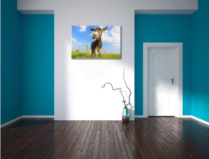 Pixxprint Esel im Feld als Leinwandbild/Grösse: 100x70 / Wandbild/Kunstdruck/fertig bespannt, 100x70