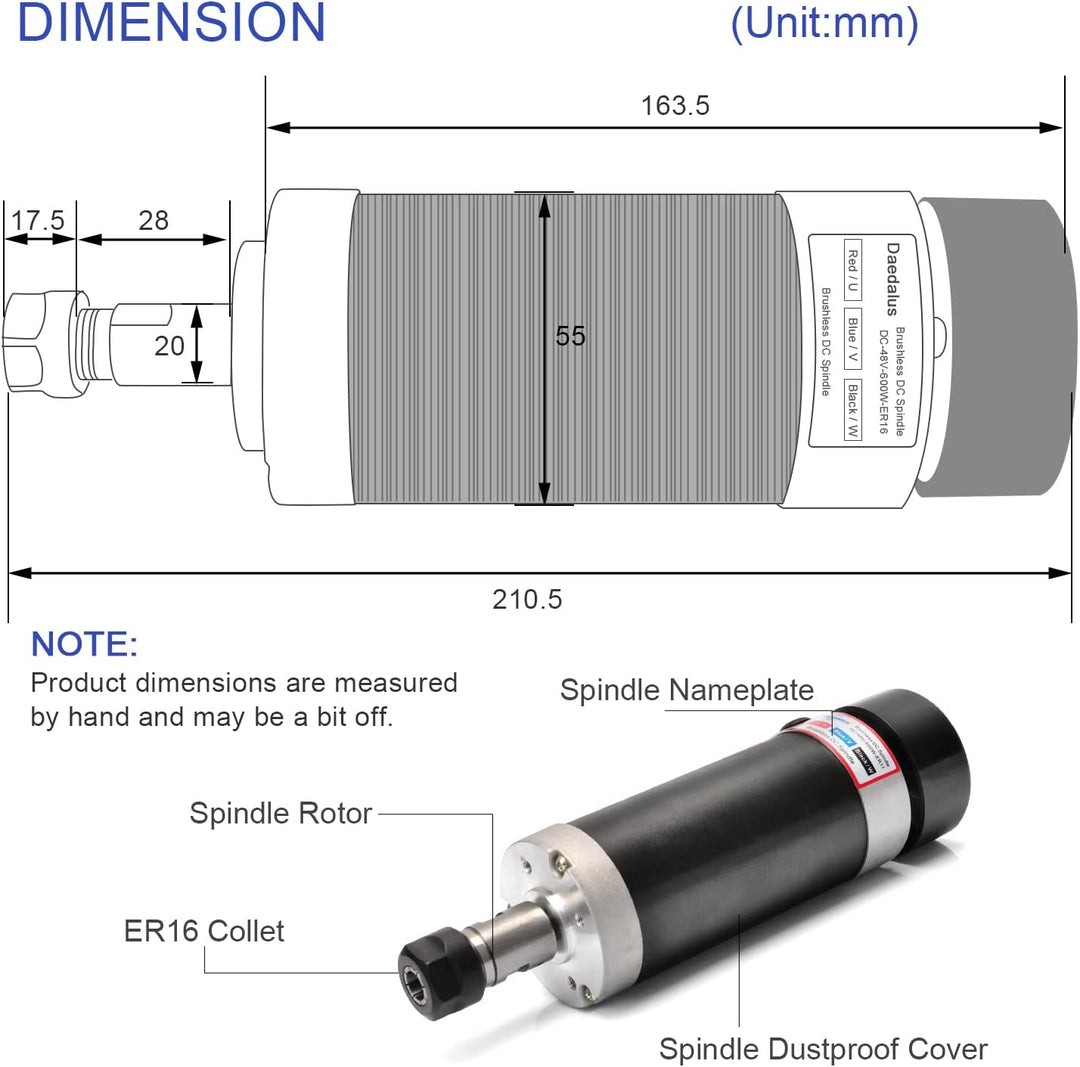 Daedalus CNC Bürstenloser Spindelmotor Kit, 600w, ER16, 48V DC, 9000RPM ER16 600 W Er16-Kit, ER16 60