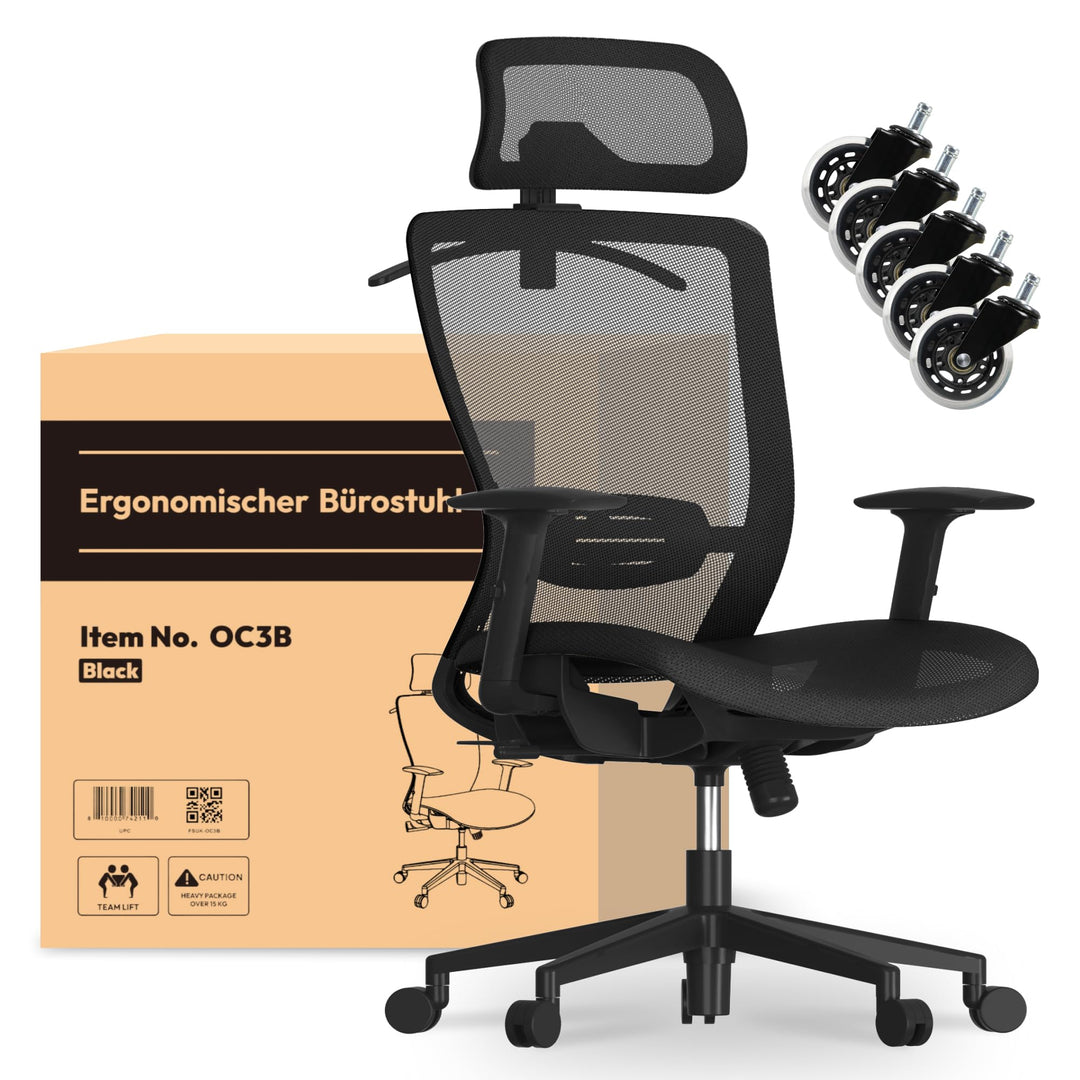 FLEXISPOT OC3 Ergonomischer Bürostuhl, Schreibtischstuhl mit Verstellbarer Kopfstütze & Lendenstütze