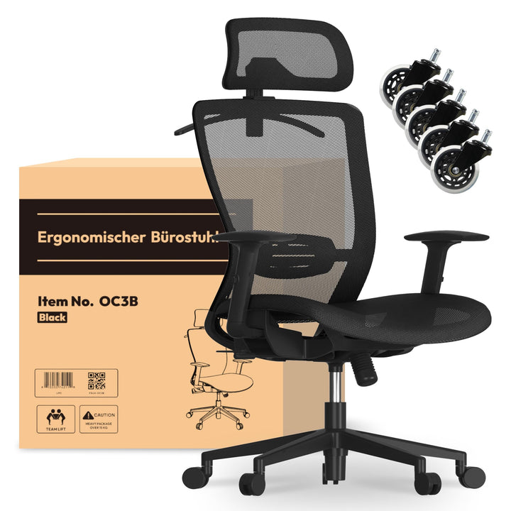 FLEXISPOT OC3 Ergonomischer Bürostuhl, Schreibtischstuhl mit Verstellbarer Kopfstütze & Lendenstütze
