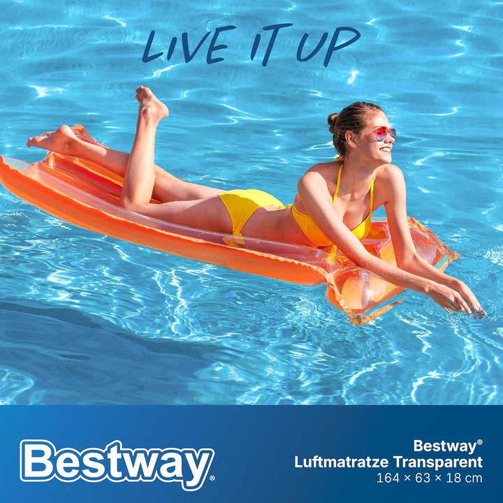 Bestway Luftmatratze Transparent, 183 x 76 cm, 1 Person, PVC, 2 Luftkammern, Integriertes Kopfkissen