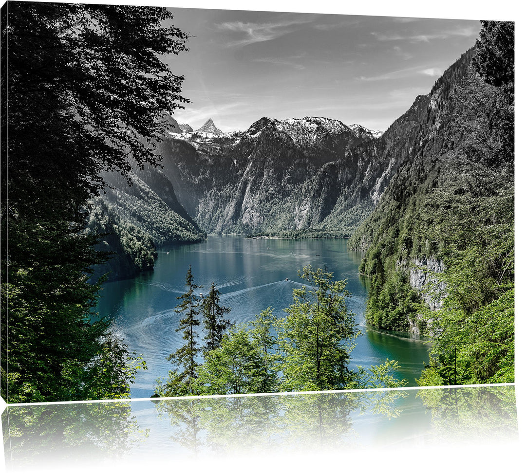 Pixxprint Blick auf den Königssee / 100x70cm Leinwandbild bespannt auf Holzrahmen/Wandbild Kunstdruc
