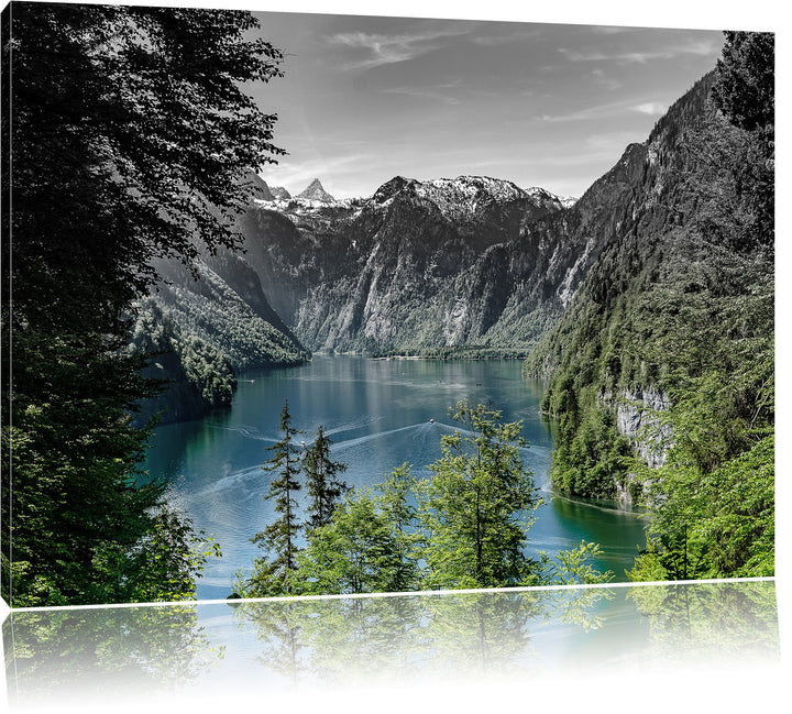 Pixxprint Blick auf den Königssee / 100x70cm Leinwandbild bespannt auf Holzrahmen/Wandbild Kunstdruc