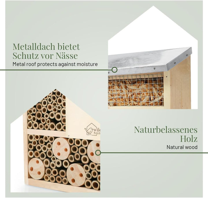 WILDLIFE HOME Bienenhotel Insektenhotel mit Metalldach - 2er Set I Unbehandelt, Bienenhaus aus Massi