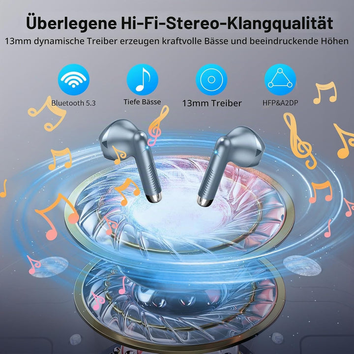 Bluetooth 5.3 Kopfhörer, In Ear Kopfhörer Kabellos mit 4 Mic, 48H Tiefer Bass Spielzeit Wireless Ear