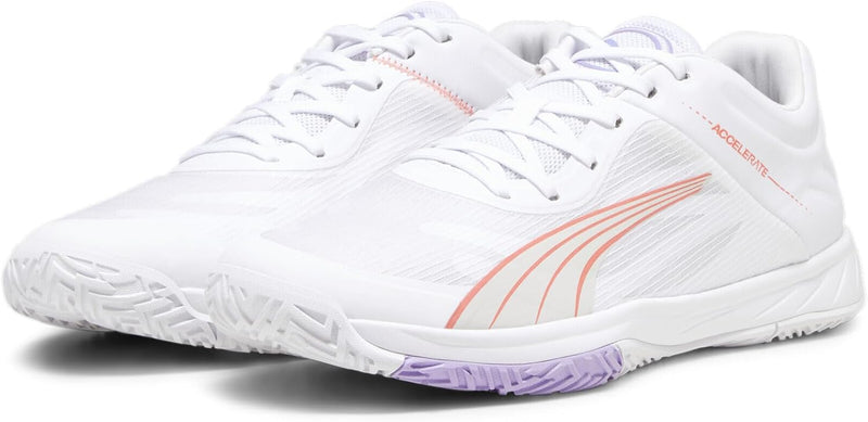 PUMA Unisex Accelerate Turbo W+ Indoor Court Shoe 38 EU Puma White Fire Orchid Vivid Violet Sedate G