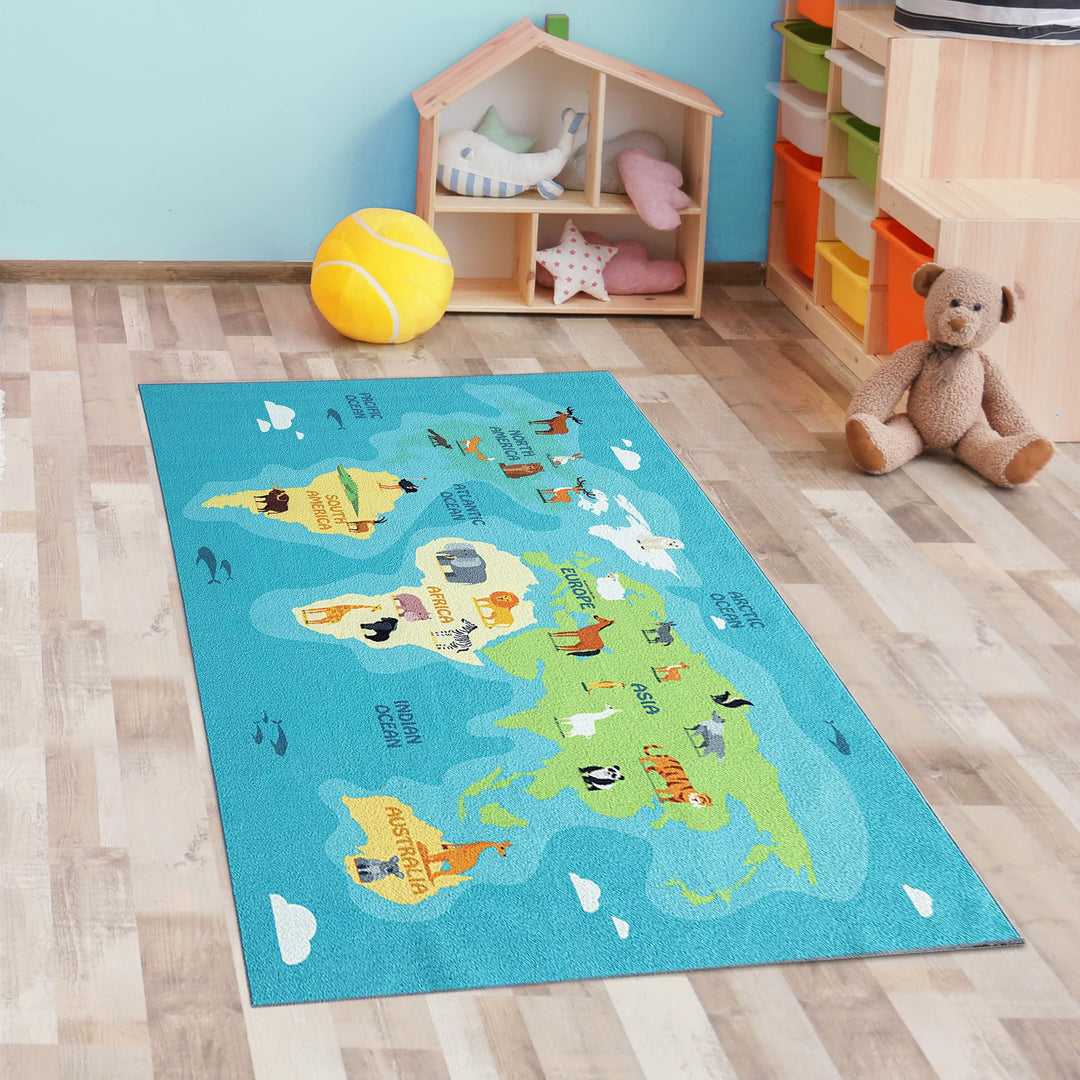 CARPETIA Läufer Vorleger Lernteppich für Kinder „Tiere & Kontinente spielend Lernen“ Weltkarte türki