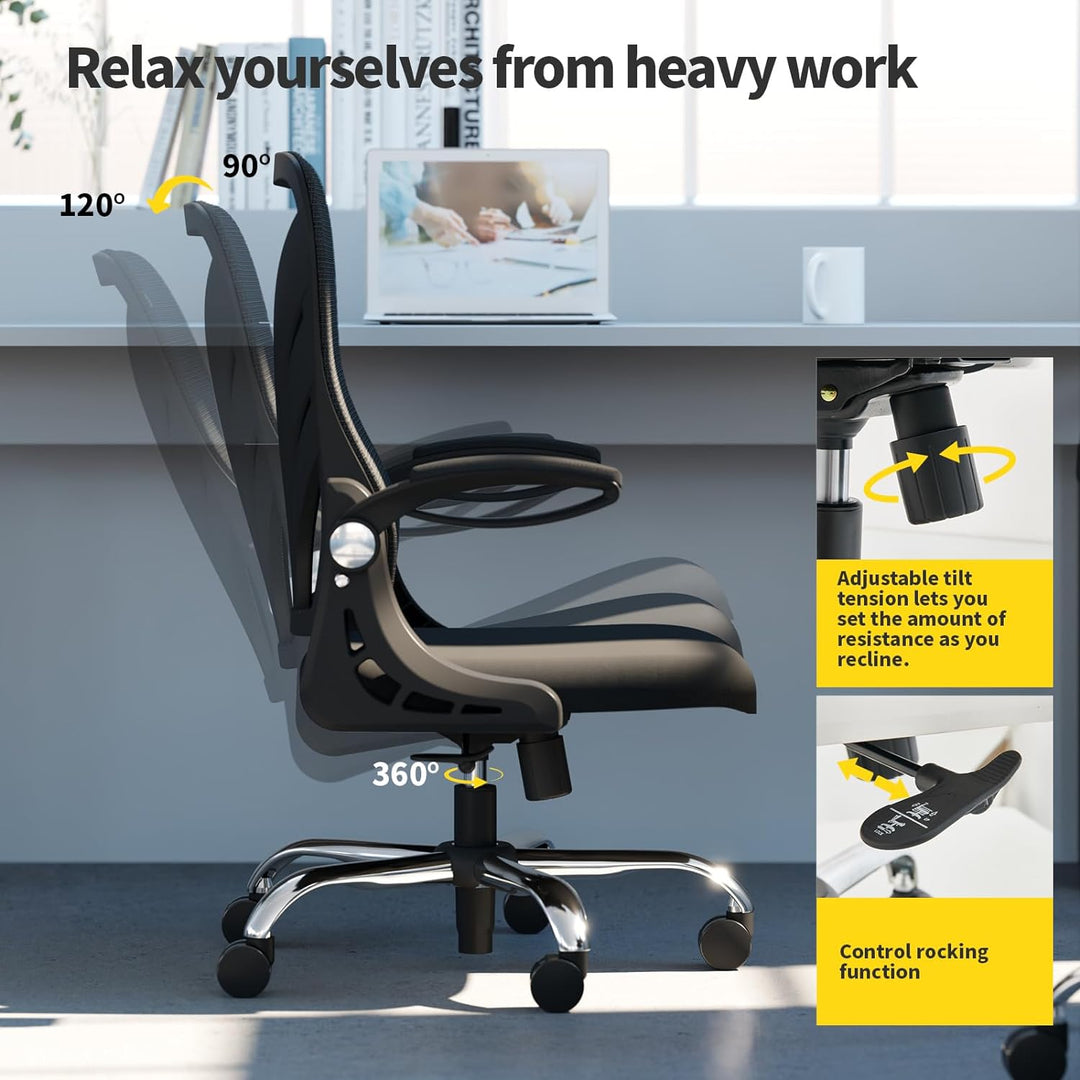 HOLLUDLE Ergonomischer Bürostuhl mit Klappbarer Rückenlehne, Schreibtischstuhl mit Erweitertem Sitz(