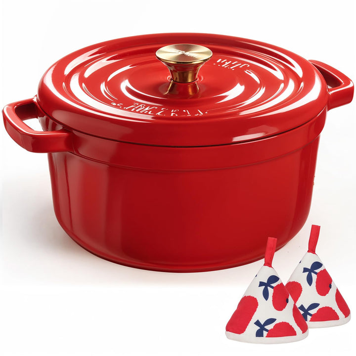 Overmont Bräter Emailliert Gusseisen Topf - Dutch Oven 26cm backofengeeignet mit Deckel und Kochbuch
