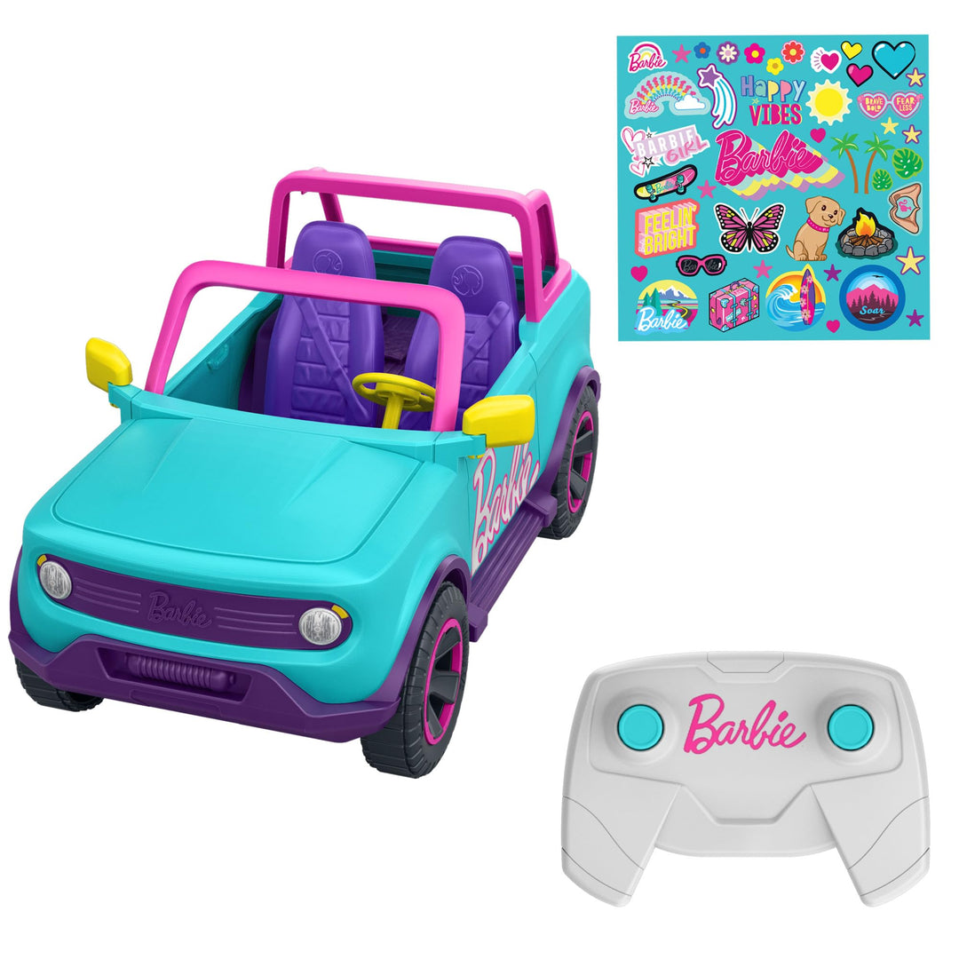 Hot Wheels Ferngesteuertes Auto, Barbie Ferngesteuerter SUV mit Aufklebern, kann 2 Barbie-Puppen Plu