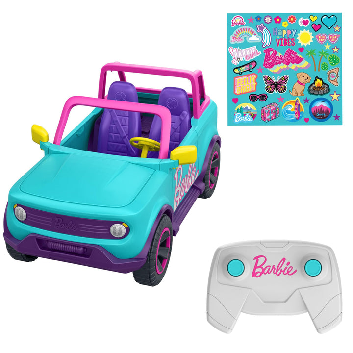 Hot Wheels Ferngesteuertes Auto, Barbie Ferngesteuerter SUV mit Aufklebern, kann 2 Barbie-Puppen Plu