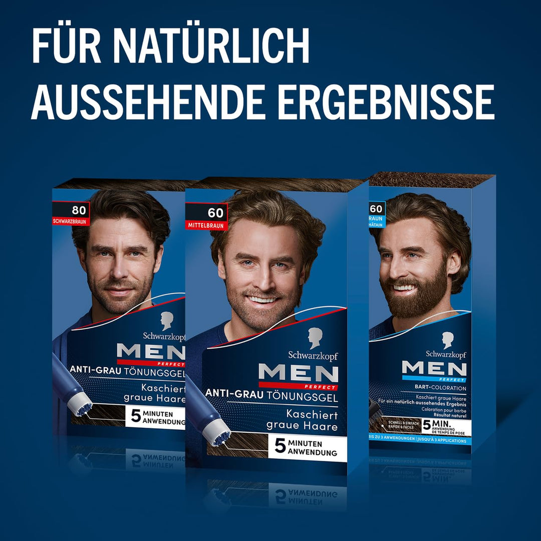Schwarzkopf Men Perfect Anti-Grau Tönungs-Gel 60 Mittelbraun (3x 80 ml), Haarfarbe für Männer blende