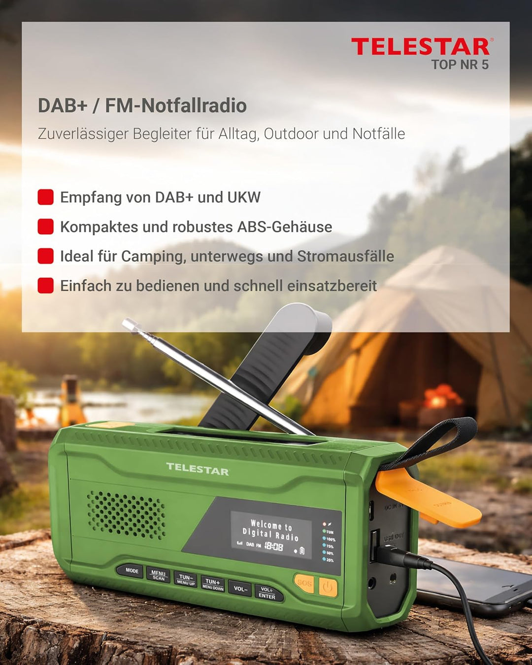 TELESTAR TOP NR 5 – Notfallradio (Kompaktes Kurbelradio, 4.000 mAh Akku, Solarpanel, Powerbankfunkti