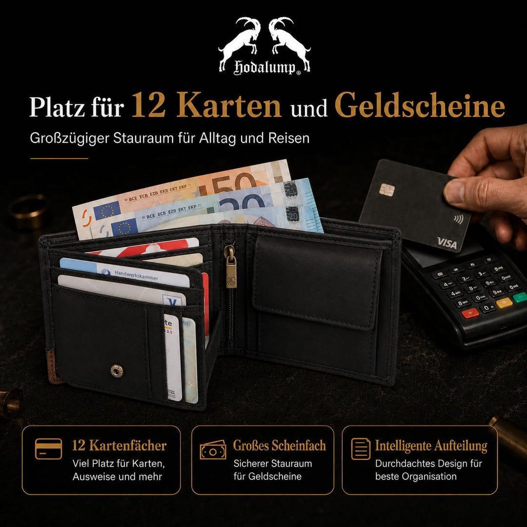 hodalump Echt-Leder Geldbörse • Premium Geldbeutel für Damen und Herren mit RFID-Schutz • Langlebige