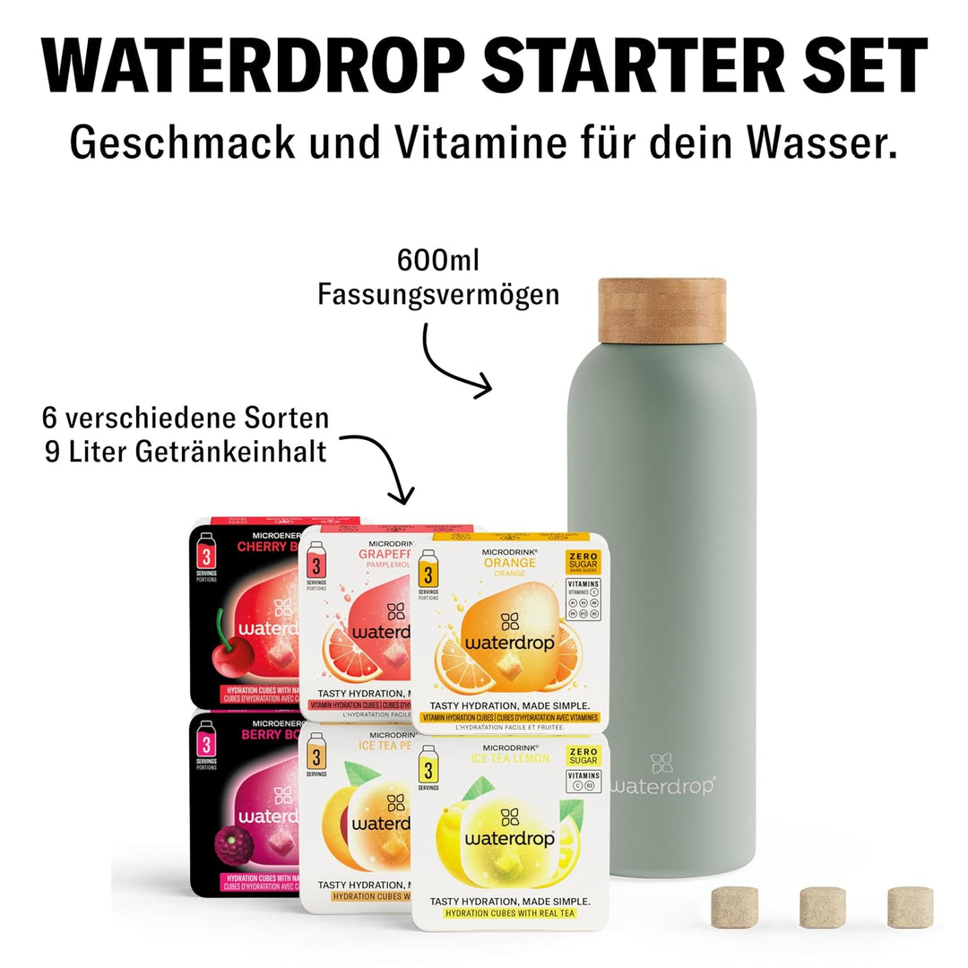waterdrop® Starter Set - 600ml Trinkflasche mit Geschmack inkl. 18 zuckerfreie Drops - Geschenk für