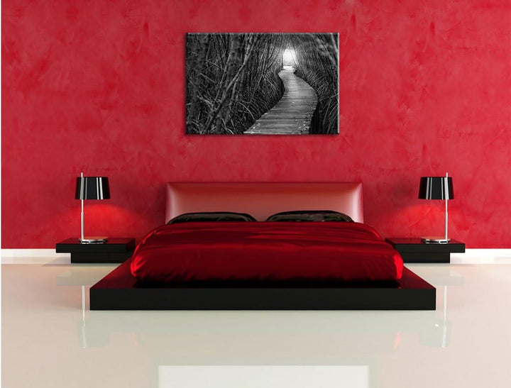 Gehweg im Wald Kunst B&W, Format: 100x70 auf Leinwand, XXL riesige Bilder fertig gerahmt mit Keilrah