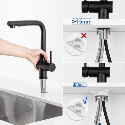 Auralum Niederdruck Armatur Küche Schwarz, Wasserhahn Küche Ausziehbar, Küchenarmatur Edelstahl, Spü