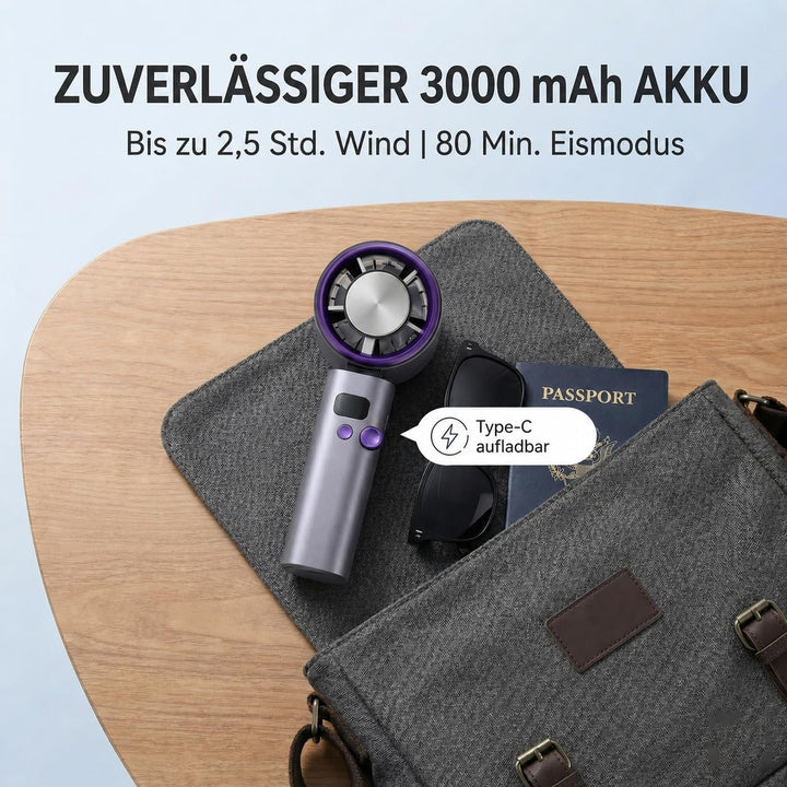 Handventilator mit Kuehlung, Mini Ventilator Akku Aufladbar mit 100-Speed Turbo Wind &amp; LED Display,