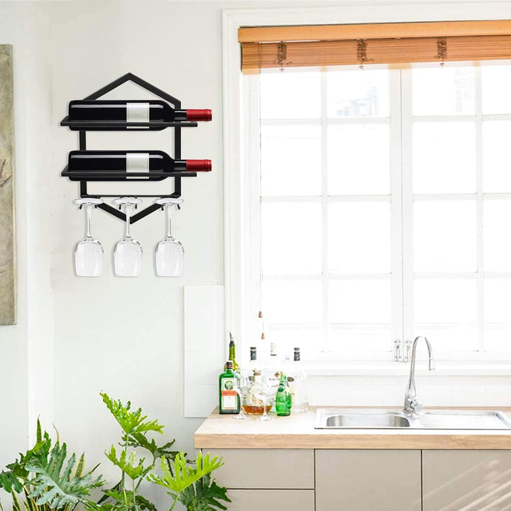 Metall Wandmontierter Weinhalter Rack, Weinglashalter Hängend Stehen Organizer für 2 Flaschen und 3