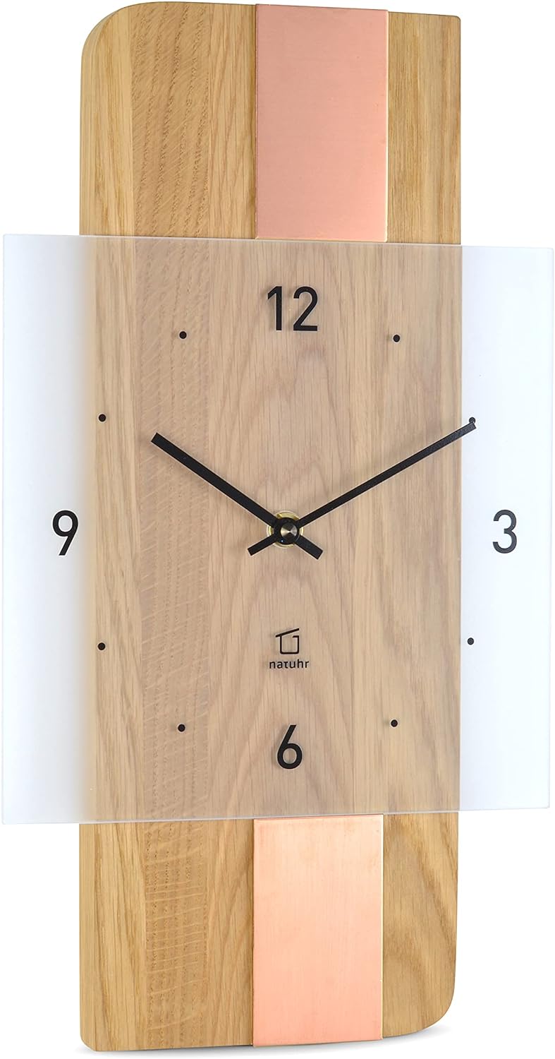 Natuhr Holz Metall Glas Wanduhr - Fusion - präzises Funk-Uhrwerk plastikfrei verpackt (Eiche geölt/K