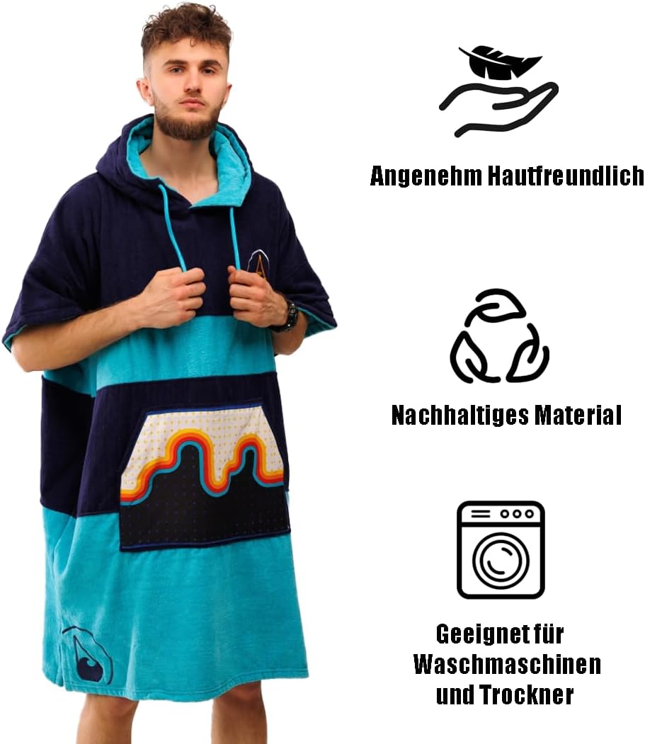 WAVE HAWAII Poncho Bluebow Surfponcho 100% Baumwolle für Körpergrössen von 175-205 cm Umkleidehilfe