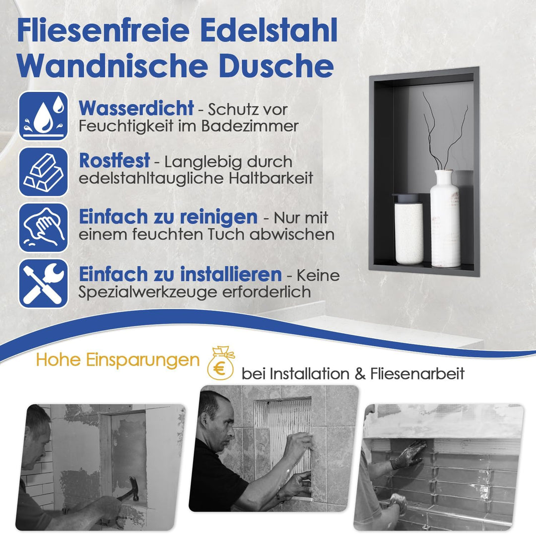ROVOGO 50x30x10cm Nano Schwarz Wandnische Dusche Edelstahl, Eingebettete Duschnische Einzelregal Lag