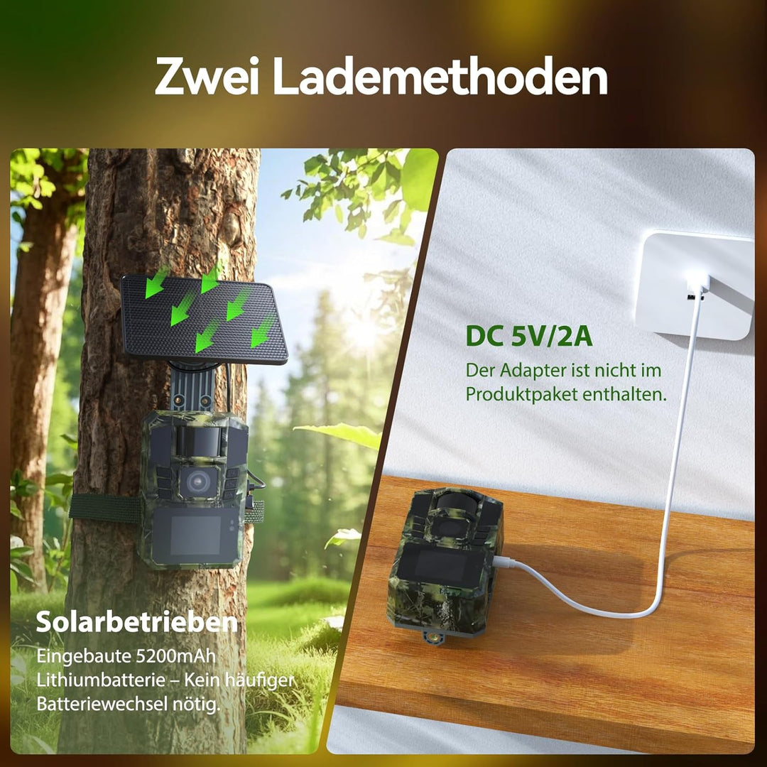 WLAN Solar Wildkamera 4K 48MP mit Handyübertragung APP, Wildtierkamera mit Nachtsicht Bewegungsmelde