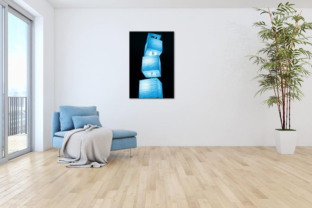 deyoli leuchtende Lampenreihe Format 80x60 Effekt: Monocrome Blau als Leinwandbild, Motiv fertig ger