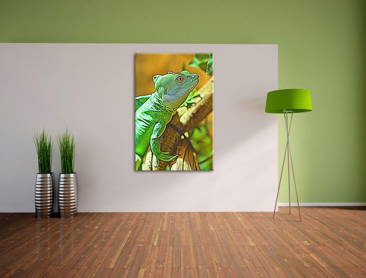 grünes Chamäleon Deluxe Format: 100x70 cm auf Leinwand, XXL riesige Bilder fertig gerahmt mit Keilra