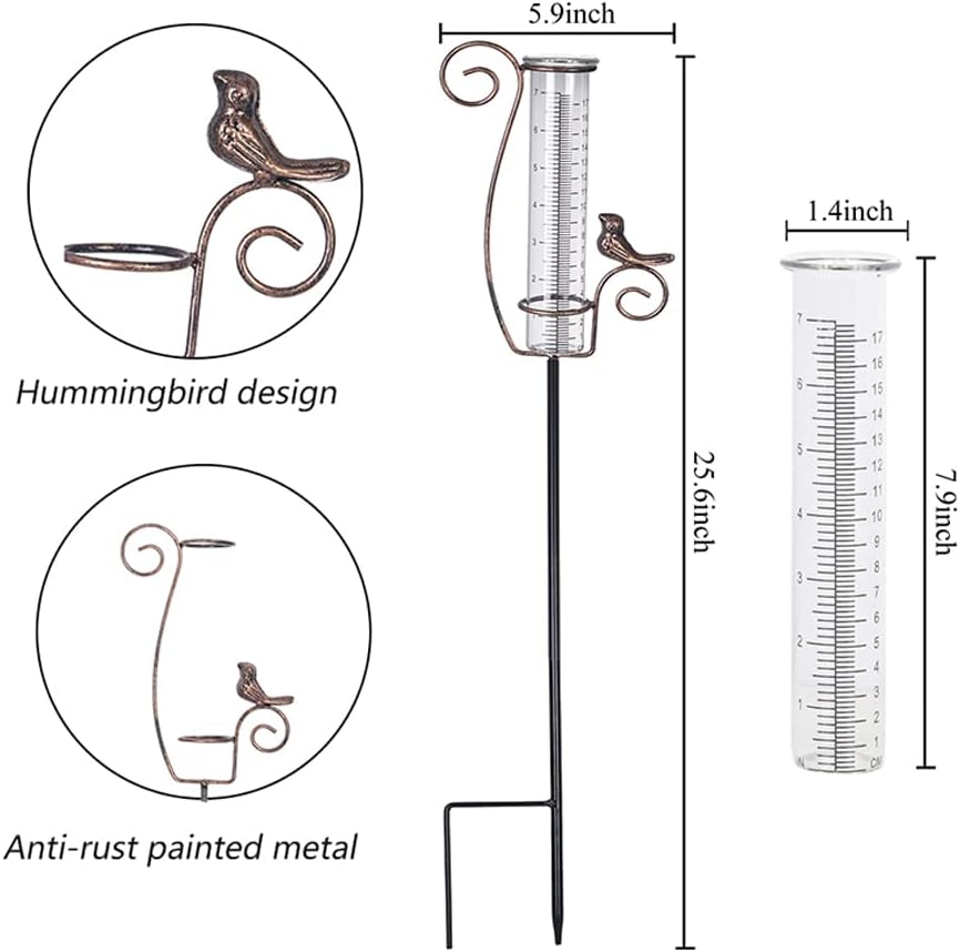 Venniy Regenmesser für den Aussenbereich, 17,8 cm Glas-Regenmesser mit Metallpfahl, dekorativer Voge